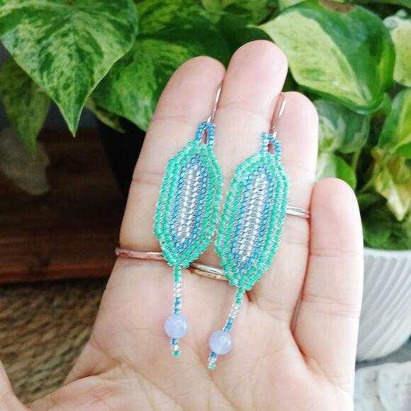 Aquamarine Gemstone Beaded Bracelet & Earring Set, Seed Bead Jewelry - Picture 4 of 7